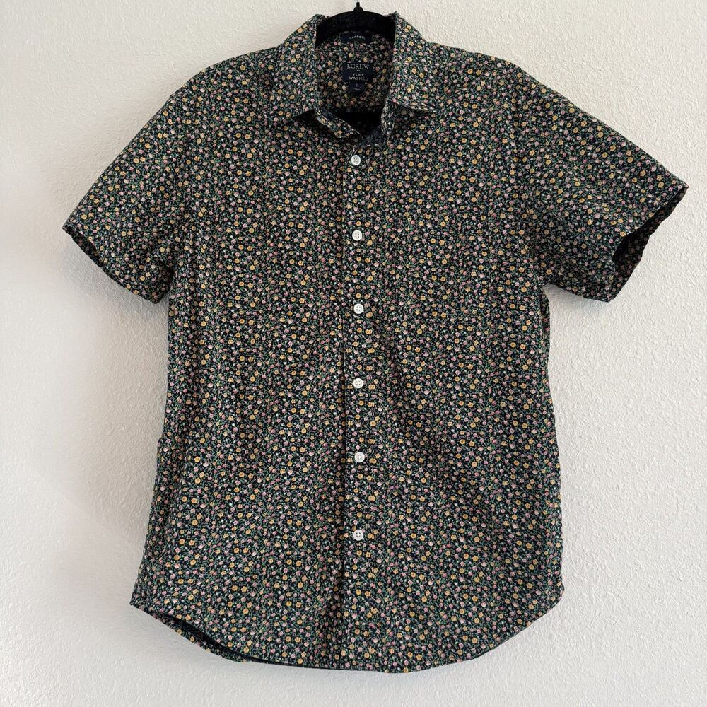 J Crew Mens Button Up Shirt Short Sleeve Small Ditsy Floral Resort Wear Black